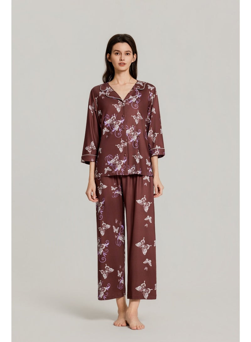 MASHUCK Whimsical Butterfly Print Pajama Set - Soft Silk-Feel Button-Down Sleepwear - Elegant 2-Piece Lounge Suit for Women - Image 4