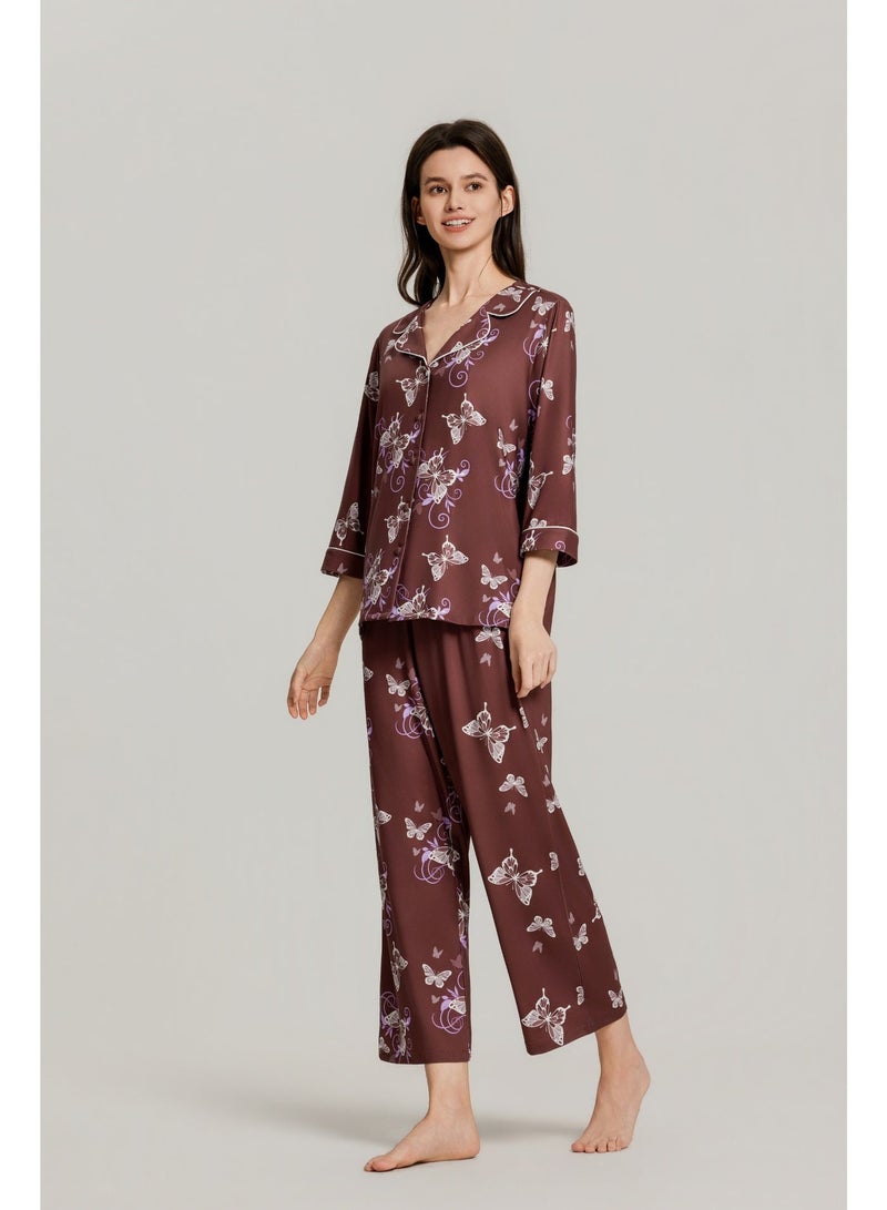 MASHUCK Whimsical Butterfly Print Pajama Set - Soft Silk-Feel Button-Down Sleepwear - Elegant 2-Piece Lounge Suit for Women - Image 5