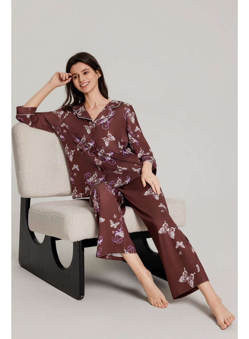 MASHUCK Whimsical Butterfly Print Pajama Set - Soft Silk-Feel Button-Down Sleepwear - Elegant 2-Piece Lounge Suit for Women - Image 3