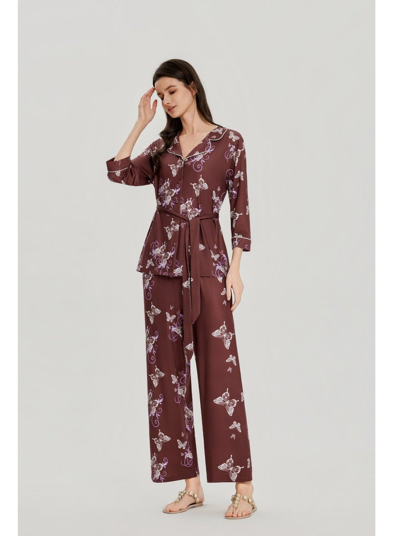 MASHUCK Whimsical Butterfly Print Pajama Set - Soft Silk-Feel Button-Down Sleepwear - Elegant 2-Piece Lounge Suit for Women - Image 1