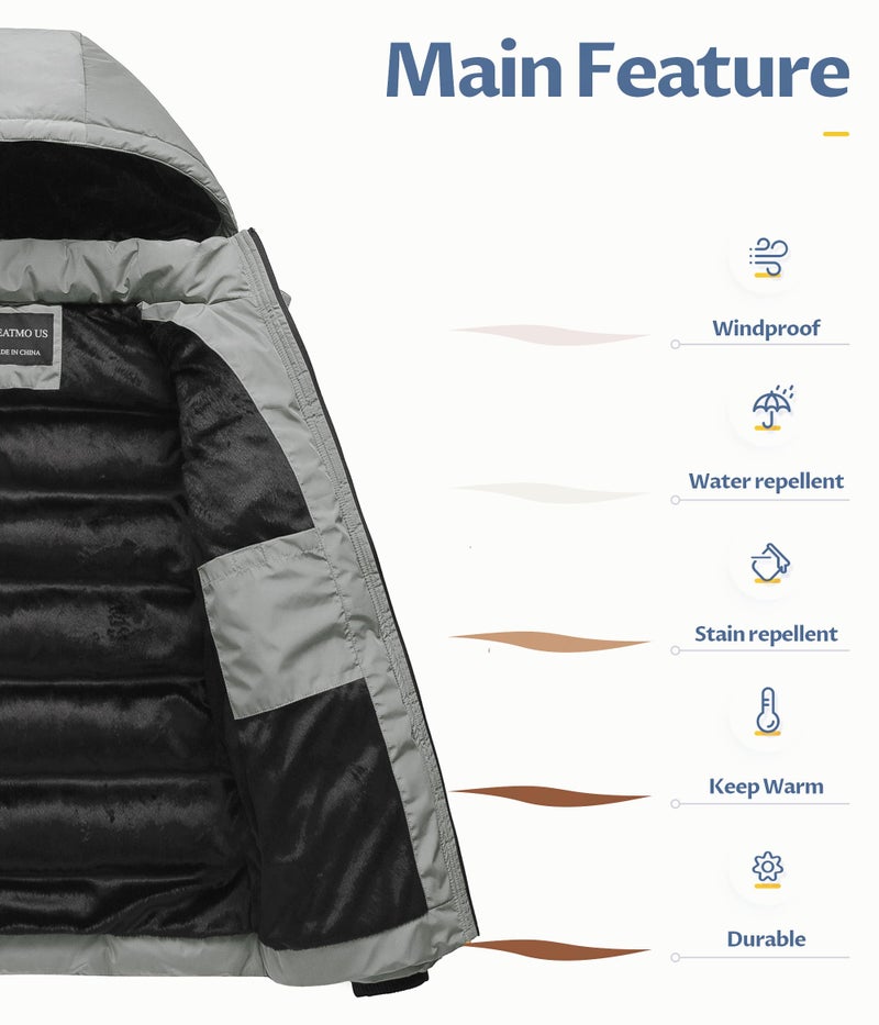 CREATMO US Puffer Jacket Men Mens Jackets Outerwear Men's Hooded Winter Down Alternative Parka Heavy Light Grey S - Image 3