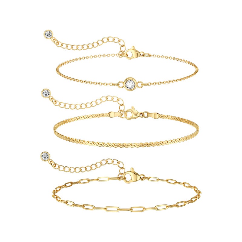 MBW Dainty Bracelets for Women Trendy, 14k Gold Plated Stackable Bracelets Layered Paperclip Snake Chain Bracelet Set Fashion Minimalist Simple Bracelets Cute CZ Jewelry Gifts for Women - Image 1