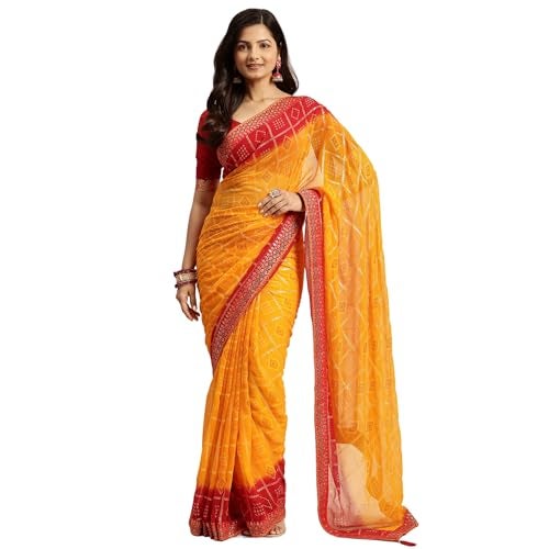 RATAN Women's Chiffon Bandhani Printed Saree without Blouse Piece(SHCH-36222_Yellow) - Image 1