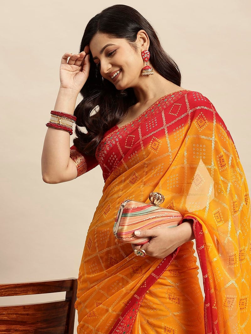 RATAN Women's Chiffon Bandhani Printed Saree without Blouse Piece(SHCH-36222_Yellow) - Image 4