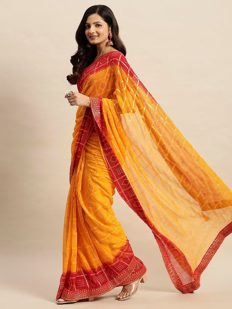 RATAN Women's Chiffon Bandhani Printed Saree without Blouse Piece(SHCH-36222_Yellow) - Image 2