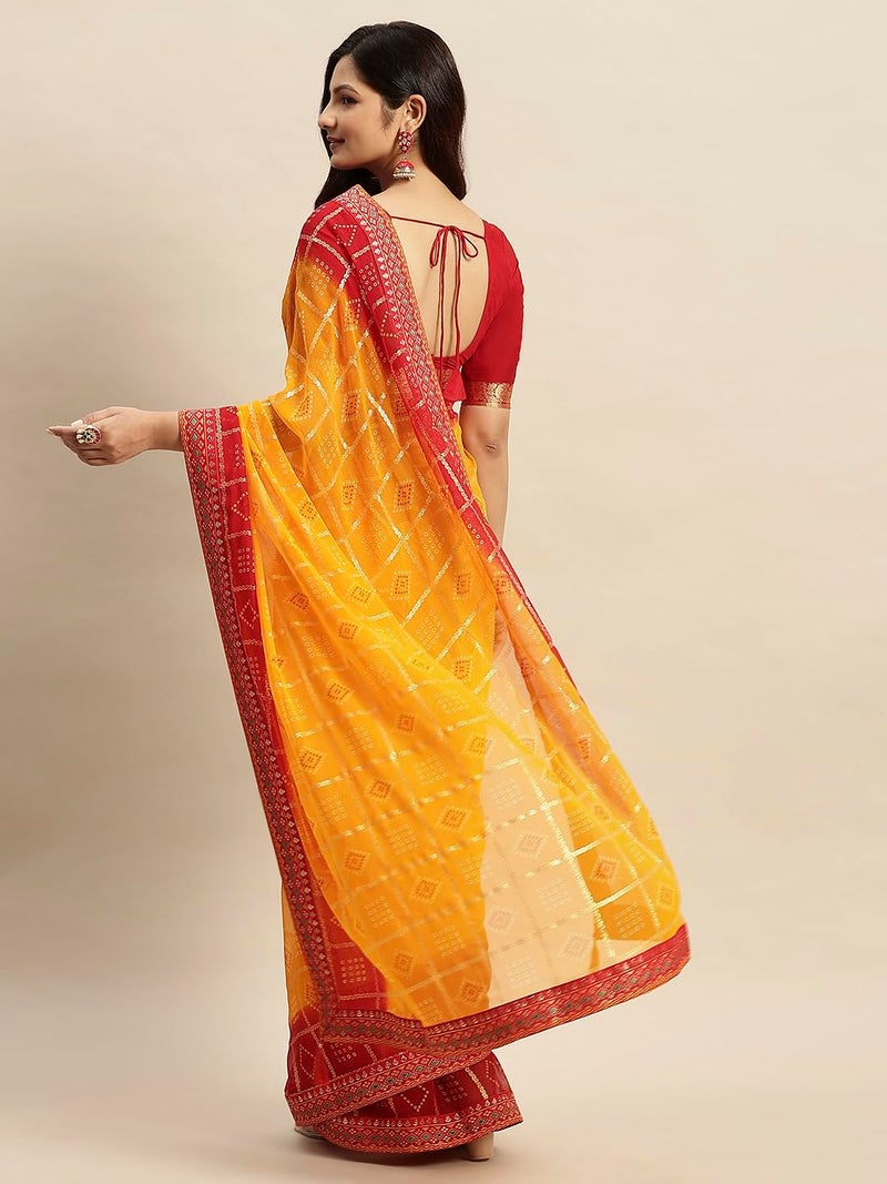 RATAN Women's Chiffon Bandhani Printed Saree without Blouse Piece(SHCH-36222_Yellow) - Image 5