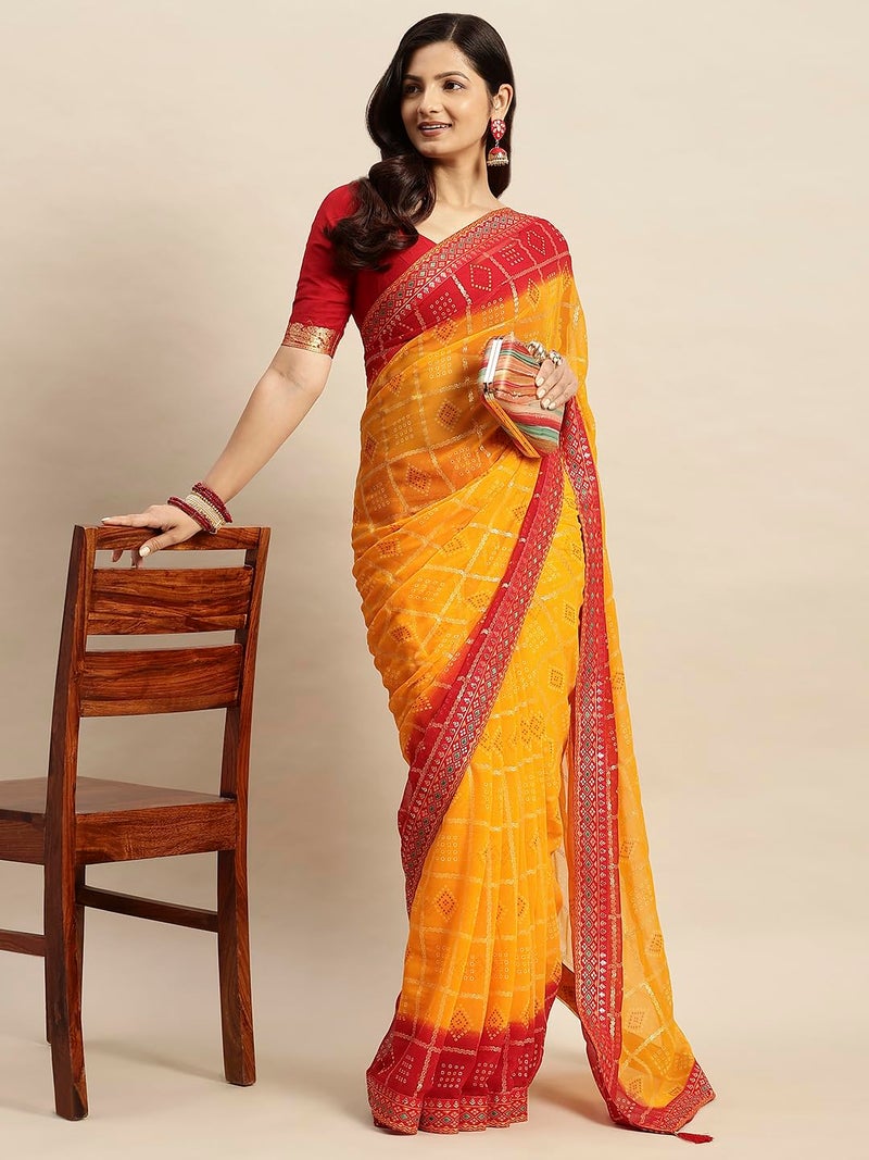 RATAN Women's Chiffon Bandhani Printed Saree without Blouse Piece(SHCH-36222_Yellow) - Image 3