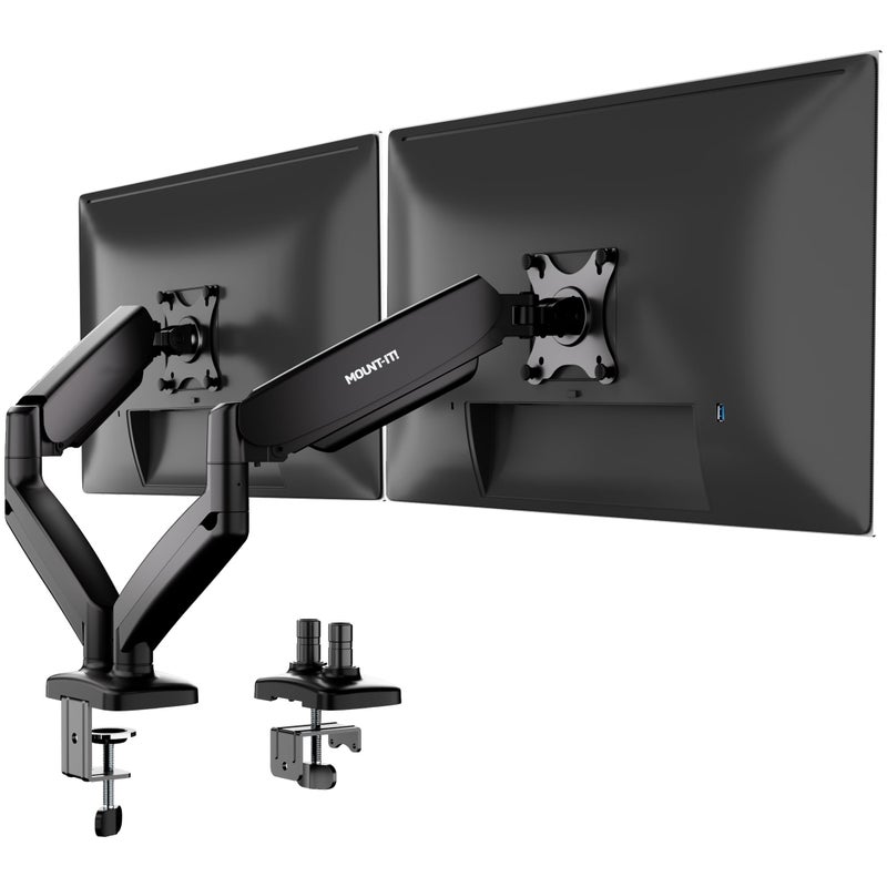 Mount-It! Dual Monitor Desk Mount â€“ Full Motion Gas Spring Arms, Fits 13 to 32 Inch Screens, Holds 17.6 lbs per Arm, Dual Monitor Stand, VESA Mount, C-Clamp & Grommet Base - Image 1