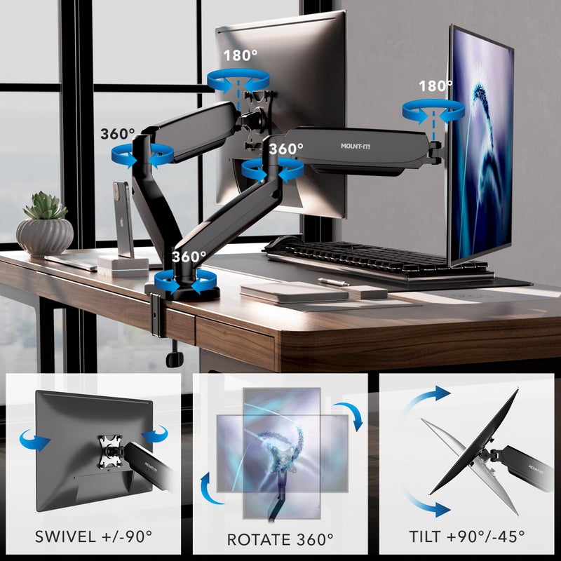 Mount-It! Dual Monitor Desk Mount â€“ Full Motion Gas Spring Arms, Fits 13 to 32 Inch Screens, Holds 17.6 lbs per Arm, Dual Monitor Stand, VESA Mount, C-Clamp & Grommet Base - Image 2