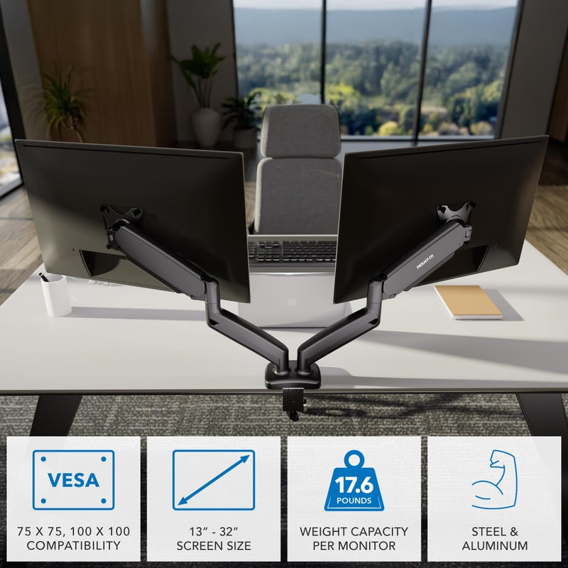 Mount-It! Dual Monitor Desk Mount â€“ Full Motion Gas Spring Arms, Fits 13 to 32 Inch Screens, Holds 17.6 lbs per Arm, Dual Monitor Stand, VESA Mount, C-Clamp & Grommet Base - Image 3