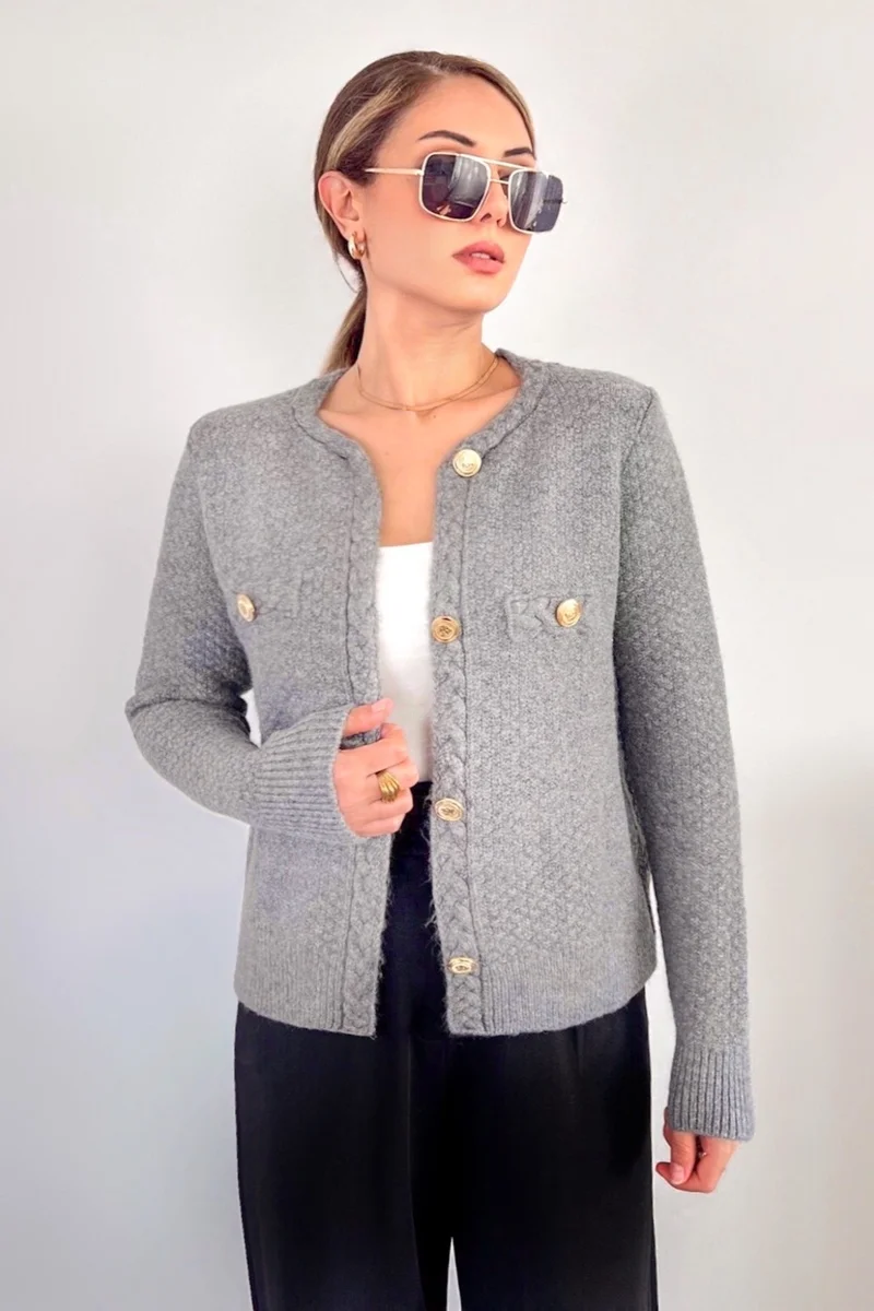 Ritnice Women's Paris Light Gray Hair Knit Detail Knitwear Cardigan / Jacket