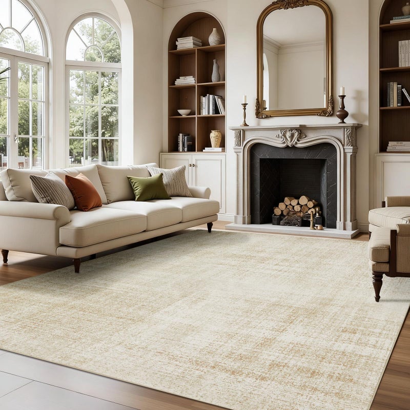 Joydeco 5x7 Area Rugs for Living Room, Machine Washable Vintage Area Rugs, Low Pile Non Slip Carpet, Lightweight Chenille Print Rug for Bedroom, Dining Room, Home Office, Beige - Image 1