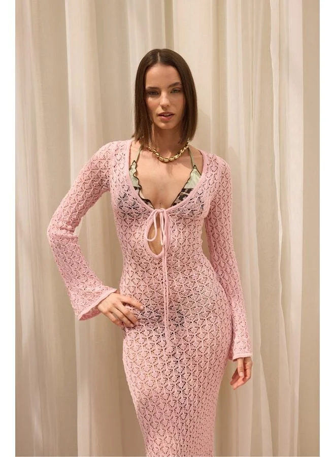 Bohemai Nugruho Tie Detail Pink Knit Long Dress.