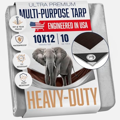 KING-A-MA-JIGS 10x12 Heavy Duty Tarp, 10 Mil Thick, Waterproof, Tear & Fade Resistant, High Durability, UV Treated, Grommets Every 18 Inches. (Silver/Brown - Reversible) (10 x 12 Feet) - Image 1