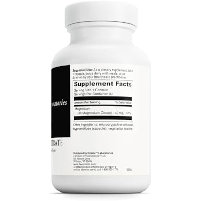 DaVinci Labs Magnesium Citrate - Dietary Supplement to Support Muscle Health, Healthy Nerves and Mineral Absorption* - with 140 mg Magnesium per Serving - Gluten-Free - 90 Vegetable Capsules - Image 2