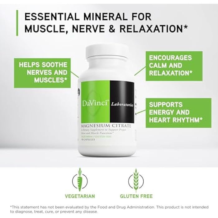 DaVinci Labs Magnesium Citrate - Dietary Supplement to Support Muscle Health, Healthy Nerves and Mineral Absorption* - with 140 mg Magnesium per Serving - Gluten-Free - 90 Vegetable Capsules - Image 3