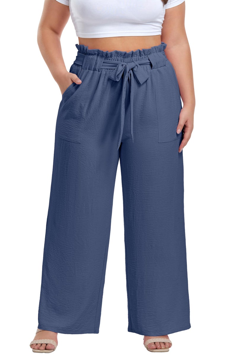 OLRIK Plus Size Pants for Women High Waisted Self-Tie Belted Lounge Pants Straight Long Trousers with Pockets Denim Blue-2X - Image 1