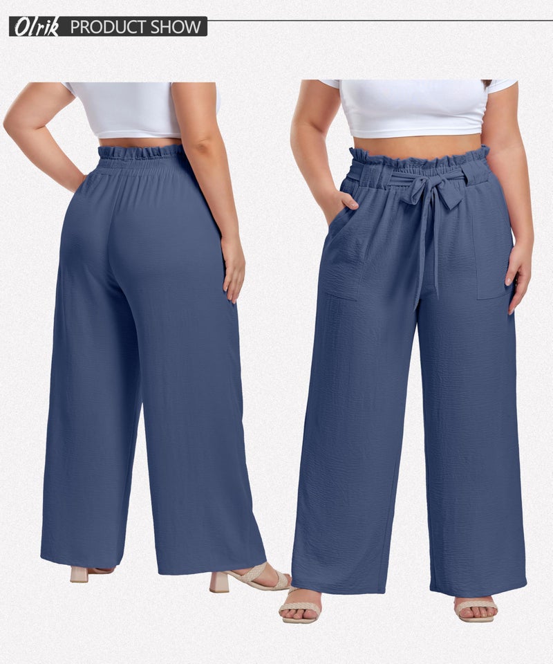 OLRIK Plus Size Pants for Women High Waisted Self-Tie Belted Lounge Pants Straight Long Trousers with Pockets Denim Blue-2X - Image 2