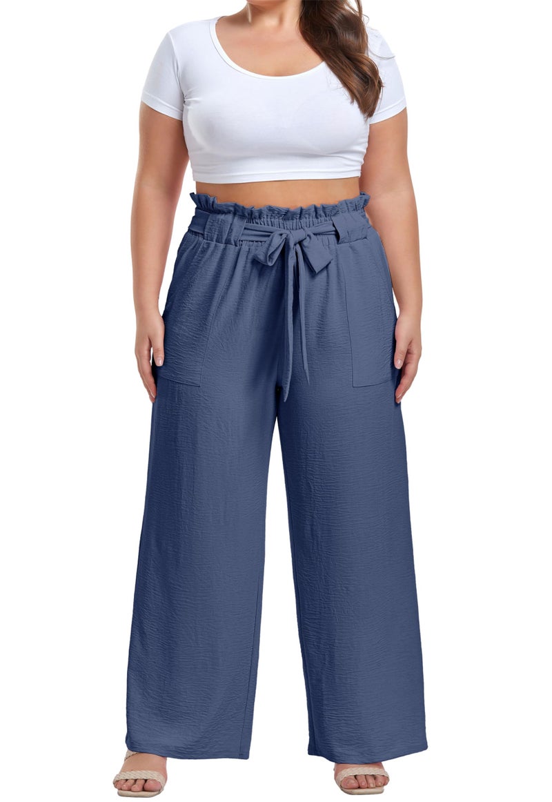 OLRIK Plus Size Pants for Women High Waisted Self-Tie Belted Lounge Pants Straight Long Trousers with Pockets Denim Blue-2X - Image 3