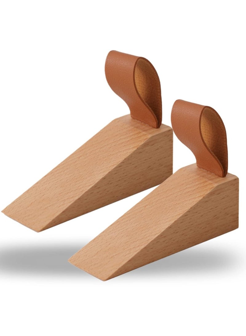 RAHAYM 2Pack Wooden Door Stopper Non-Slip Security Wood Door Wedge with Leather Strap for Hanging Door Stopper, in House Bedroom Office Living Room Hotel Cabin (2pcs)  - Image 1