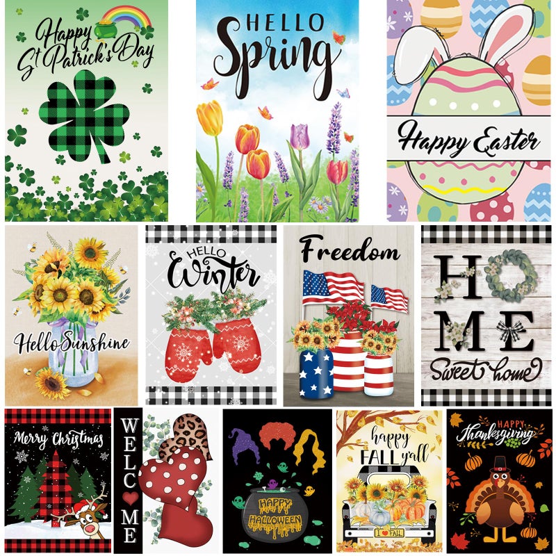 Pating Seasonal Garden Flags Set of 12 Double Sided 12 x 18 Inch, Small Yard Flags for Outside, Christmas Halloween Easter Valentine's Day Outdoor Decor, Holiday Garden Decorations for All Seasons - Image 1