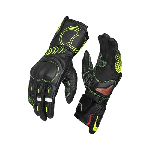 Rynox Advento Pro Gloves – CE Certified Cuff Length Motorcycle Riding Leather Gloves | Impact Protection | Carpus Bone Protection | Abrasion Resistance - Hi-Viz Green Black, 3XL - Image 1