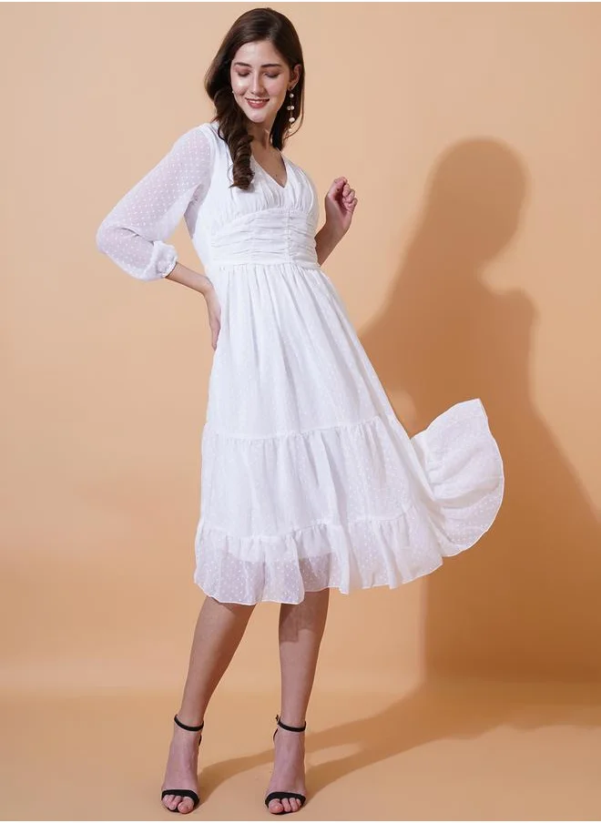 U&F Dobby V Neck Tiered Midi Dress by Styli