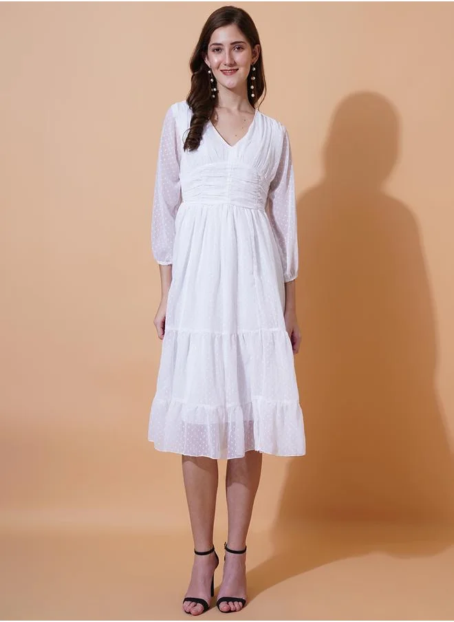 U&F Dobby V Neck Tiered Midi Dress by Styli
