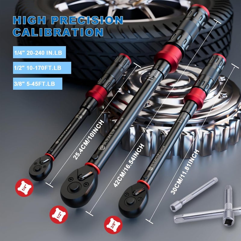 SUERCUP 1/4 3/8 1/2-inch Drive Torque Wrench Set - 3Pcs 20-240in.lb, 5-45ft.lb, 10-170ft.lb - Image 2