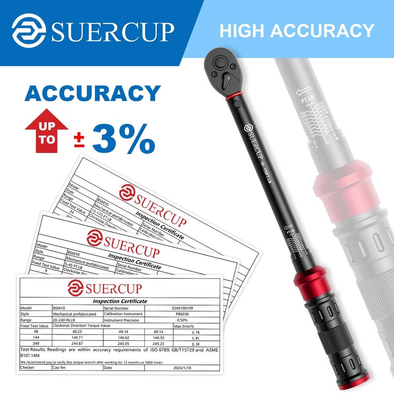 SUERCUP 1/4 3/8 1/2-inch Drive Torque Wrench Set - 3Pcs 20-240in.lb, 5-45ft.lb, 10-170ft.lb - Image 3