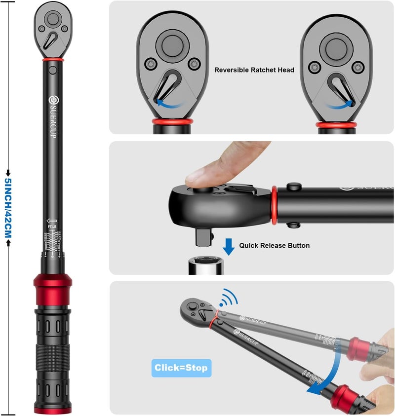 SUERCUP 1/4 3/8 1/2-inch Drive Torque Wrench Set - 3Pcs 20-240in.lb, 5-45ft.lb, 10-170ft.lb - Image 5