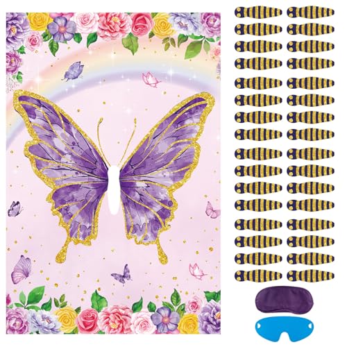 Lemicin Pin The Tail on The Butterfly With 32 Pcs Tails Large Purple Butterfly Party Games with Spring Flowers Poster for Kids Boys Girls Birthday Carnival Classroom Activities Wall Decorations - Image 1