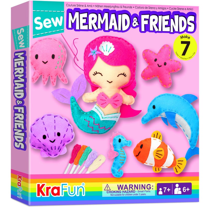 KRAFUN Mermaid Sea Animals Beginner Sewing Kit for Kids Art Craft kit Includes 7 Soft Plush Dolls Instructions Felt Materials for Learn to Sew Embroidery Skills Gift for Girls Educational - Image 3