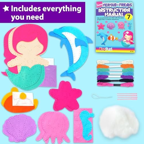 KRAFUN Mermaid Sea Animals Beginner Sewing Kit for Kids Art Craft kit Includes 7 Soft Plush Dolls Instructions Felt Materials for Learn to Sew Embroidery Skills Gift for Girls Educational - Image 5