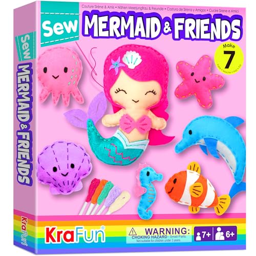 KRAFUN Mermaid Sea Animals Beginner Sewing Kit for Kids Art Craft kit Includes 7 Soft Plush Dolls Instructions Felt Materials for Learn to Sew Embroidery Skills Gift for Girls Educational - Image 1