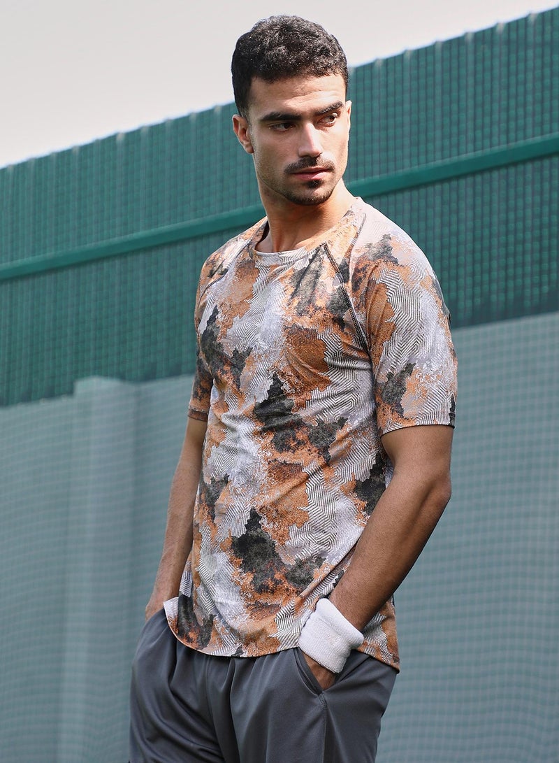 Campus Sutra Campus Sutra Men's Charcoal Black & Rust Orange Blur-Imprint Activewear T-Shirt For Casual Wear | Crew Neck | Short Sleeves | Jersey T-Shirt Crafted With Comfort Fit For Everyday Wear  - Image 3