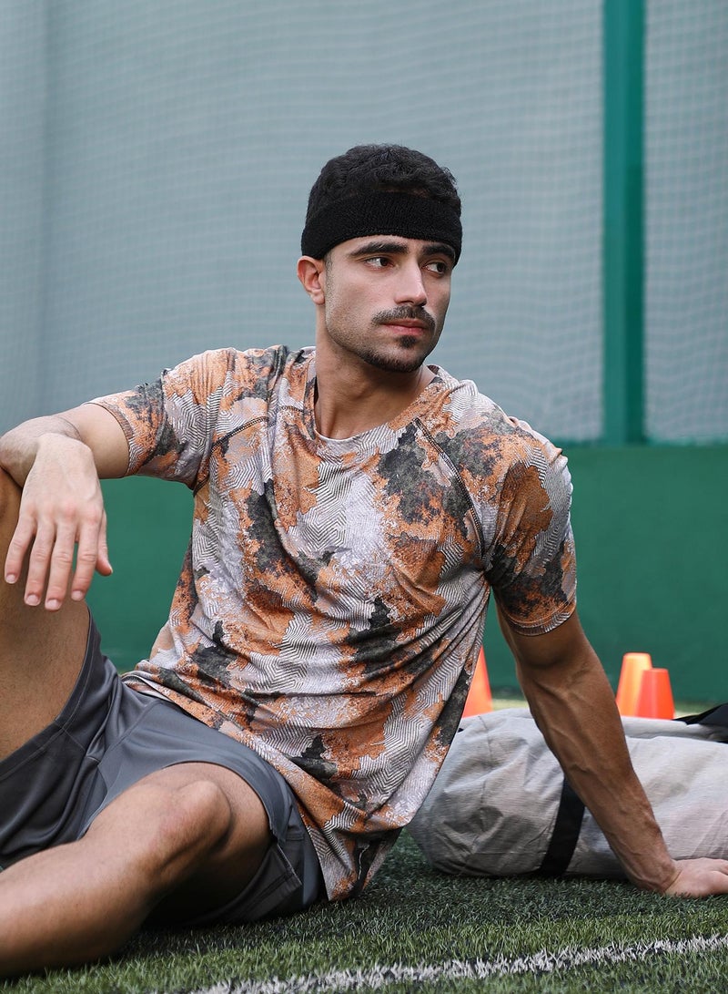 Campus Sutra Campus Sutra Men's Charcoal Black & Rust Orange Blur-Imprint Activewear T-Shirt For Casual Wear | Crew Neck | Short Sleeves | Jersey T-Shirt Crafted With Comfort Fit For Everyday Wear  - Image 1