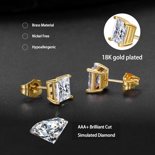 Gemsme 5 Pairs Princess Cut Cubic Zirconia Stud Earrings for Women/Men - Flat Back 18K Gold Plated Hypoallergenic 3-7mm Square Clear CZ Earring Set - Gold - Image 3