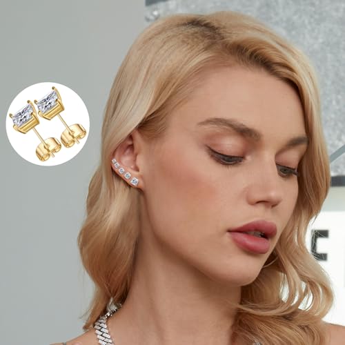 Gemsme 5 Pairs Princess Cut Cubic Zirconia Stud Earrings for Women/Men - Flat Back 18K Gold Plated Hypoallergenic 3-7mm Square Clear CZ Earring Set - Gold - Image 4