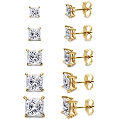 Gemsme 5 Pairs Princess Cut Cubic Zirconia Stud Earrings for Women/Men - Flat Back 18K Gold Plated Hypoallergenic 3-7mm Square Clear CZ Earring Set - Gold - Image 1