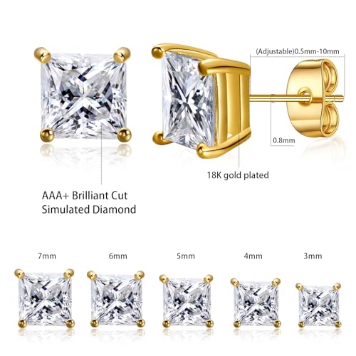 Gemsme 5 Pairs Princess Cut Cubic Zirconia Stud Earrings for Women/Men - Flat Back 18K Gold Plated Hypoallergenic 3-7mm Square Clear CZ Earring Set - Gold - Image 2