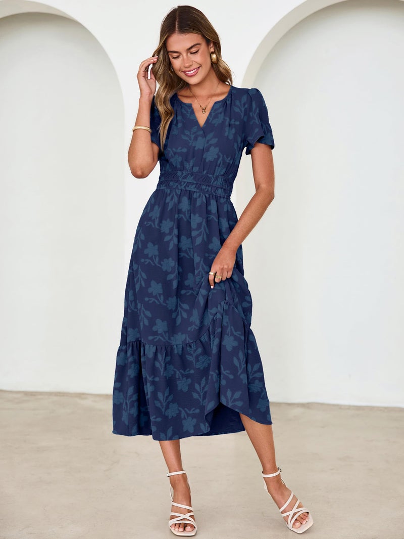 Simplee Womens Summer Boho Maxi Dress Semi Formal Wedding Guest Short Sleeve V Neck Empire Waist Floral Long Dresses Navy Blue S - Image 5
