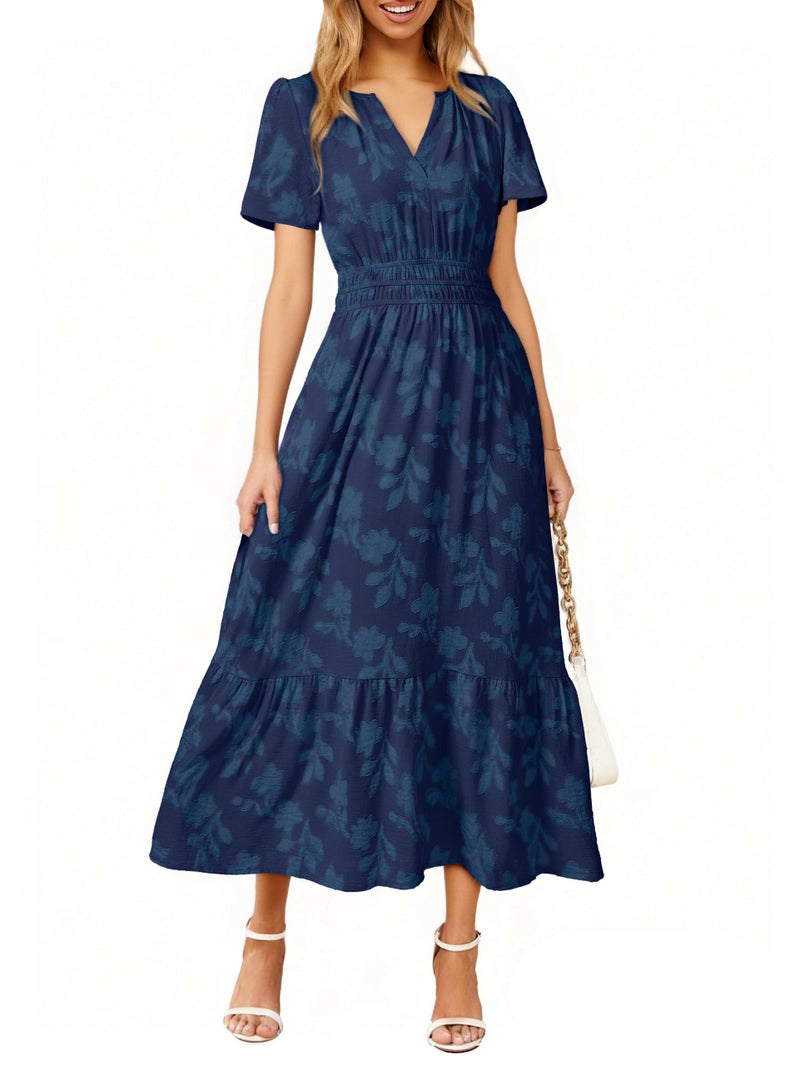Simplee Womens Summer Boho Maxi Dress Semi Formal Wedding Guest Short Sleeve V Neck Empire Waist Floral Long Dresses Navy Blue S - Image 1