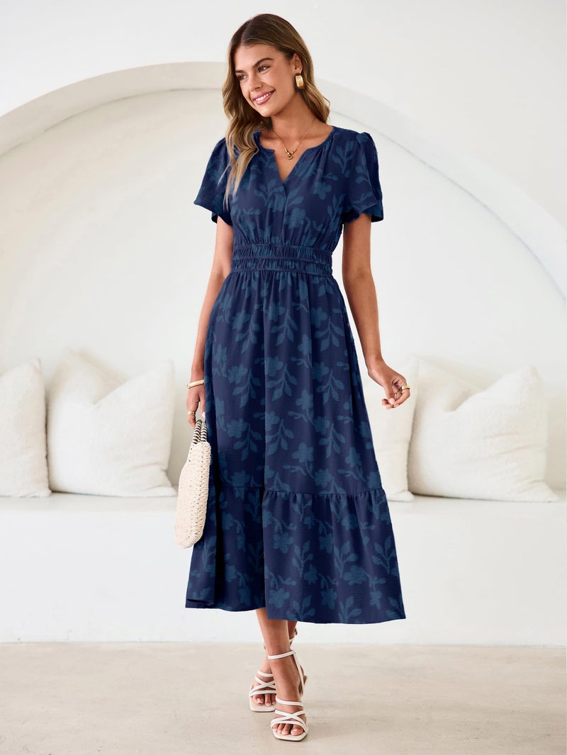 Simplee Womens Summer Boho Maxi Dress Semi Formal Wedding Guest Short Sleeve V Neck Empire Waist Floral Long Dresses Navy Blue S - Image 2
