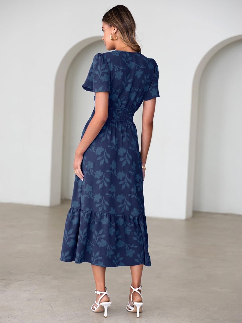 Simplee Womens Summer Boho Maxi Dress Semi Formal Wedding Guest Short Sleeve V Neck Empire Waist Floral Long Dresses Navy Blue S - Image 4