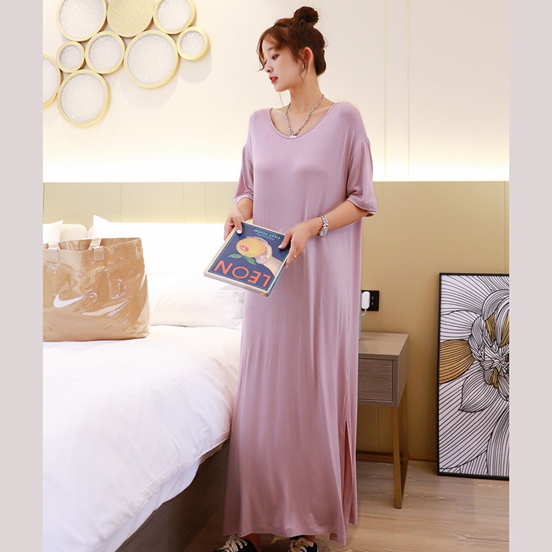 Modal V-Neck Long Loose Nightgown with Bra - Image 2