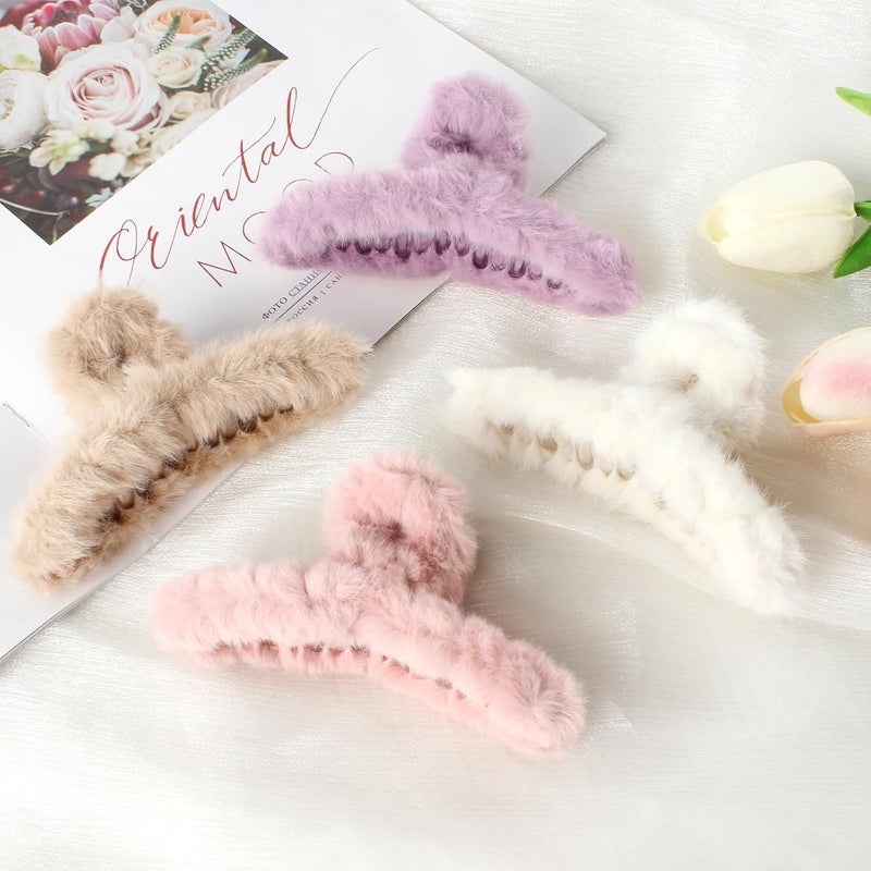 VinBee 4 PCS Faux Fur Hair Clips Large Plush Hair Catch Barrette Jaw Clamp for Women Girls Half Bun Hairpins for Thick Hair Cute Claw Clips Hair Accessories 45 Inch