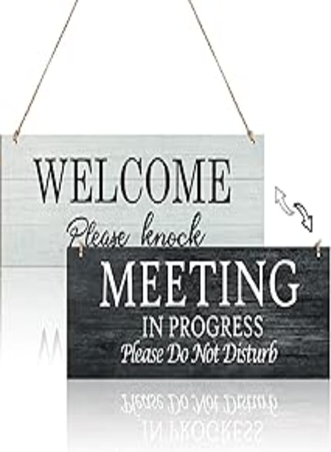 1 Piece in a Meeting Sign for Office Door, Double-side Meeting in Progress Please Do Not Disturb, Welcome Please Knock Hanging Wooden Sign Plaque 16 x 6 Inch (Black and White)