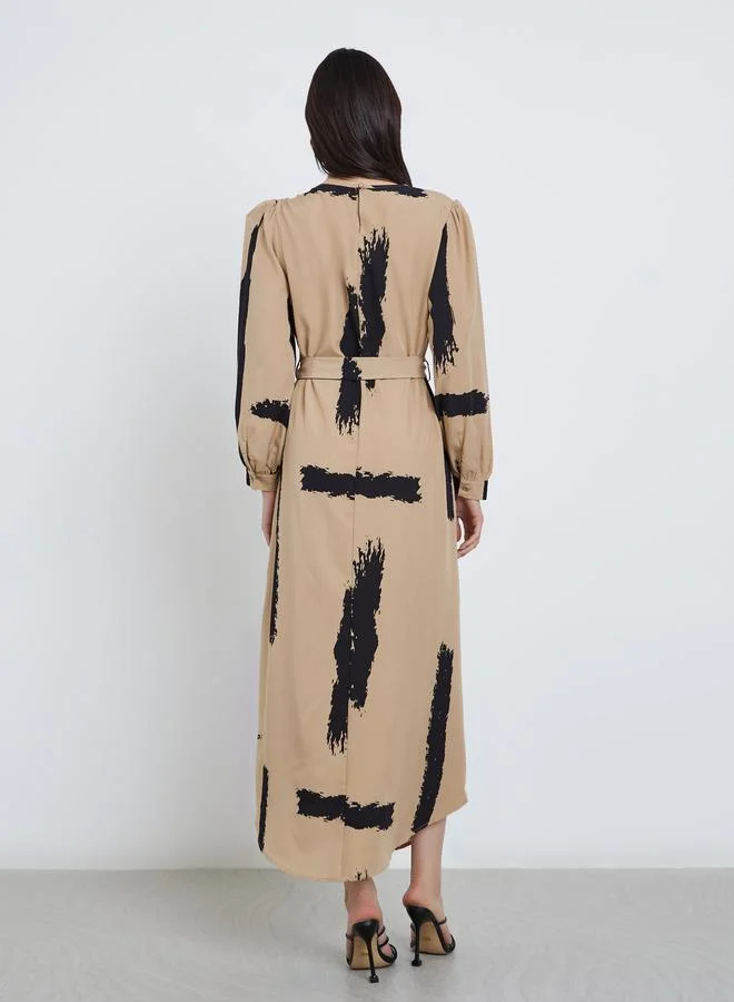 Take Two Take Two Printed Long Sleeve Belted Maxi Dress