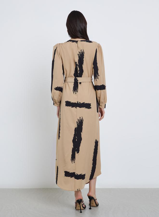 تايك تو فستان ماكسي طويل بأكمام طويلة مطبوع بحزام - Image 5